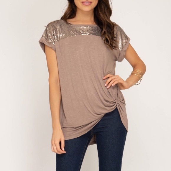 She + Sky Tops - NWT SHE & SKY mocha sequined tie knot blouse